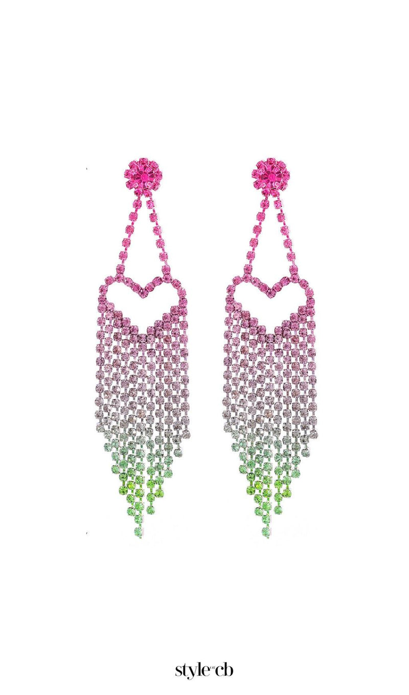 Demetra Rhinestone Heart Tassel Earrings
