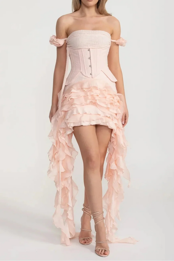 Vintage Inspired Corset Dress With Ruched Bustier And Flowing Ruffled Side Details - Pink