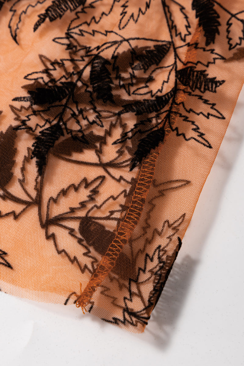 Apricot Floral Leaves Embroidered High Waist Maxi Skirt