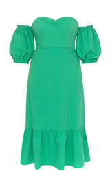 ONE-SHOULDER PUFF-SLEEVED GREEN TUBE TOP RUFFLED MIDI DRESS