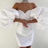 SATIN PUFF SLEEVE MINI DRESS IN WHITE