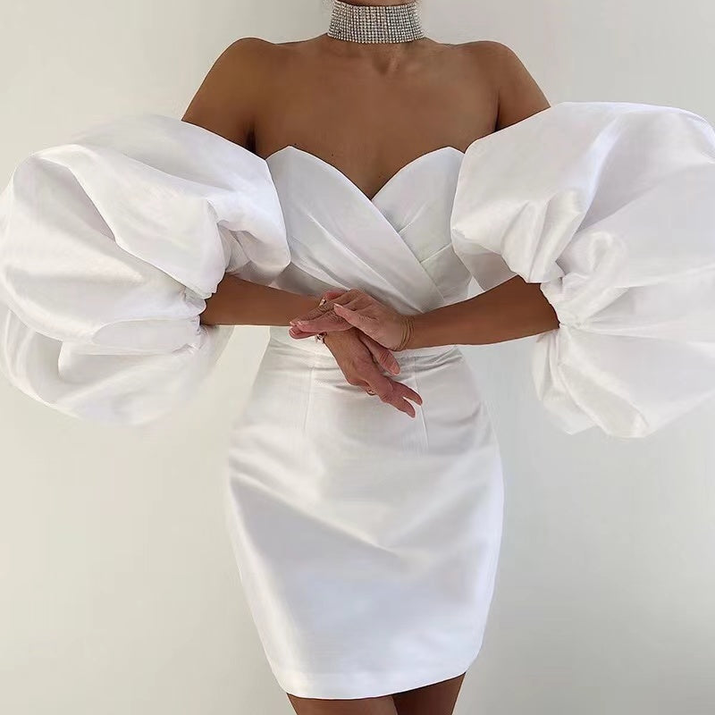 SATIN PUFF SLEEVE MINI DRESS IN WHITE