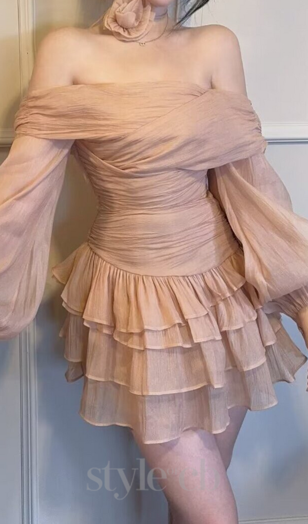 PUFF SLEEVE RUFFLE TRIM MESH CREP DRESS IN NUDE COLOR