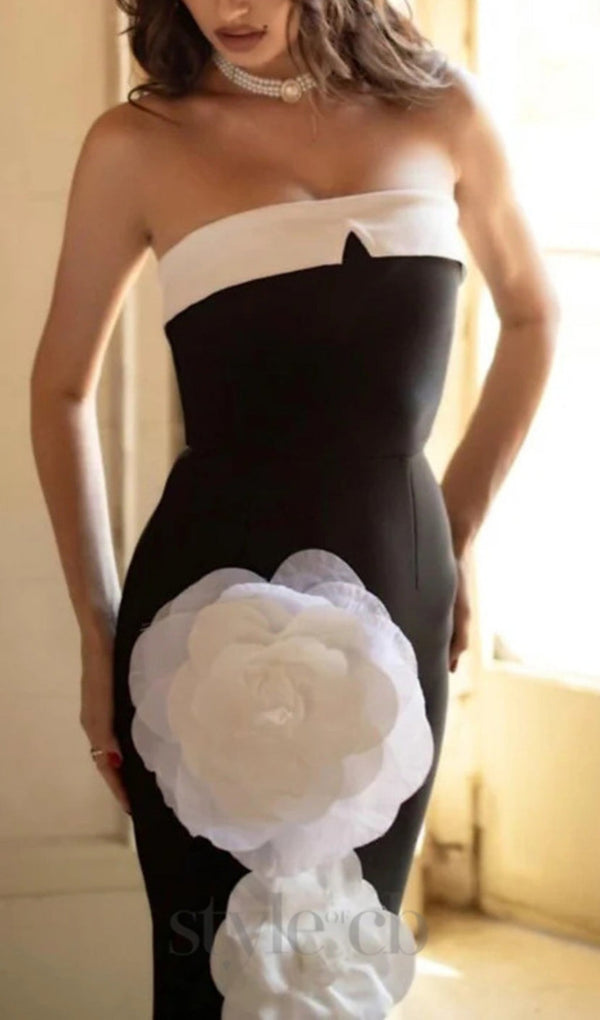 WHITE FLOWER OFF SHOULDER MAXI DRESS IN BLACK