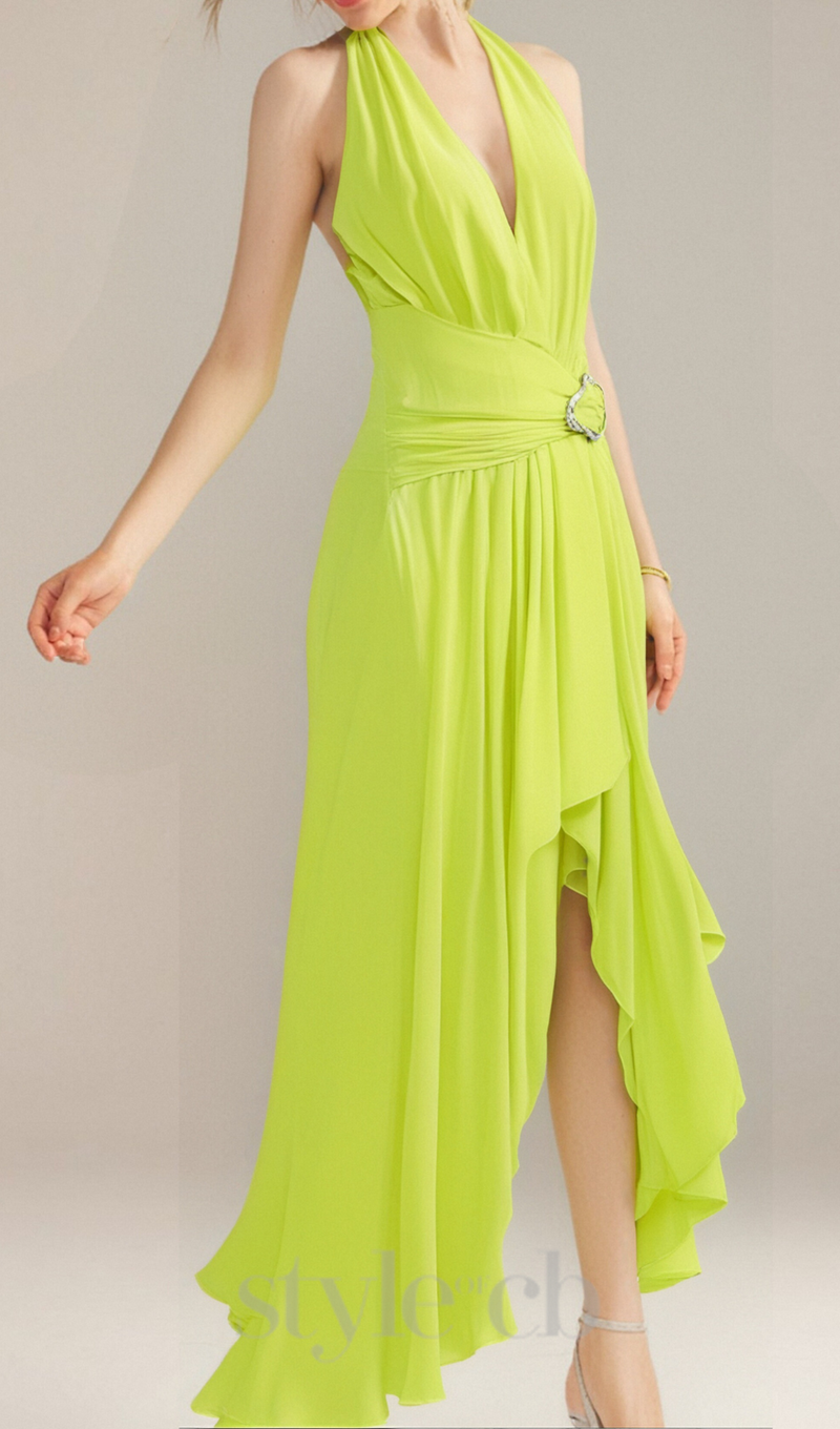maéva halter neck slit plunge neck maxi dress in green
