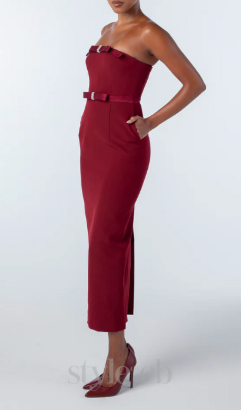 demi bow strapless midi dress in merlot
