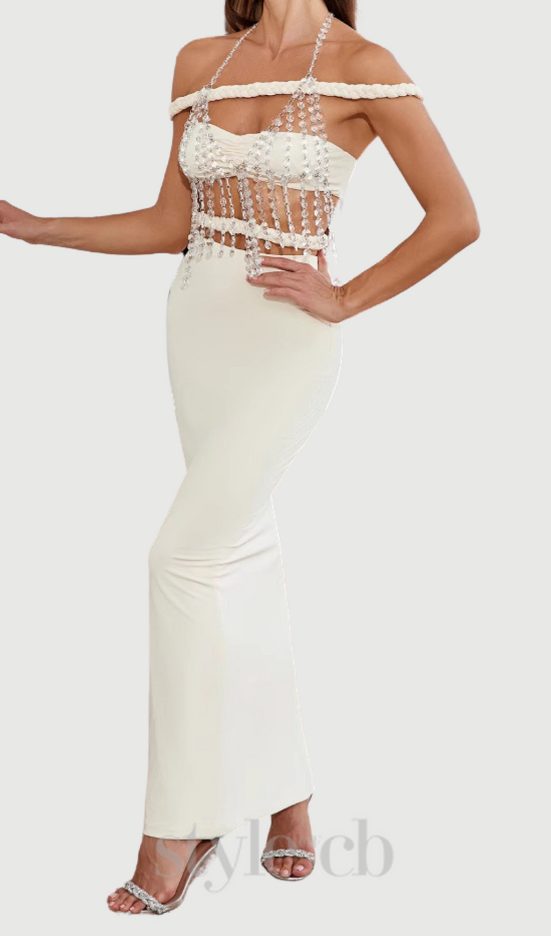 crystal chain embellished fishtail skirt set in apricot