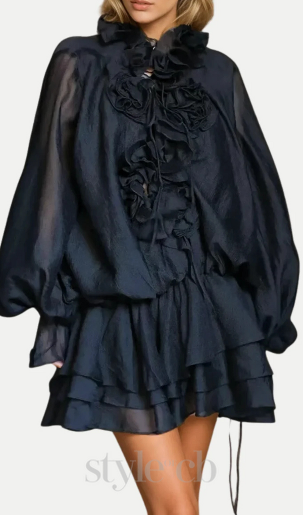 Jaketta Flower Ruffle Mini Dress In Black