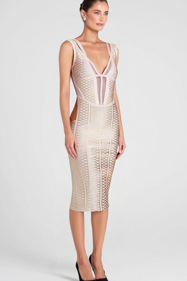 METALLIC BANDAGE MIDI DRESS IN APRICOT