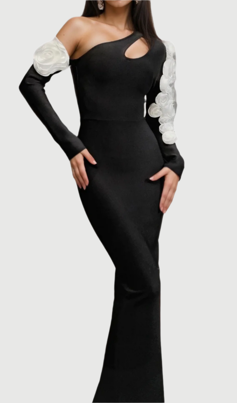 One Shoulder flower embellished Cutout Bandage Maxi Dress in black