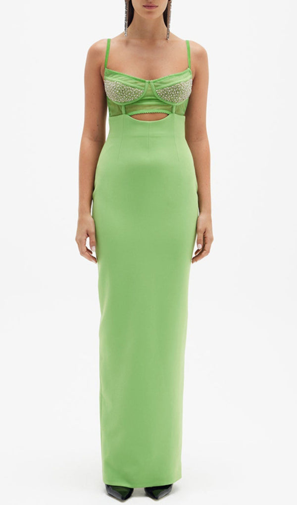 GREEN BEADING BANDAGE MIDI DRESS