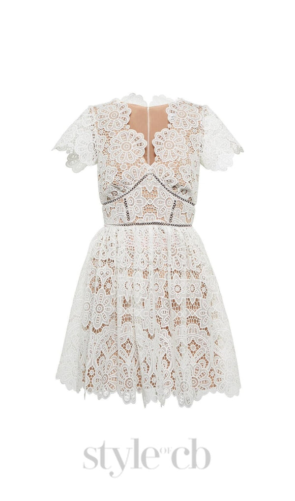 WHITE FLORAL GUIPURE MINI DRESS