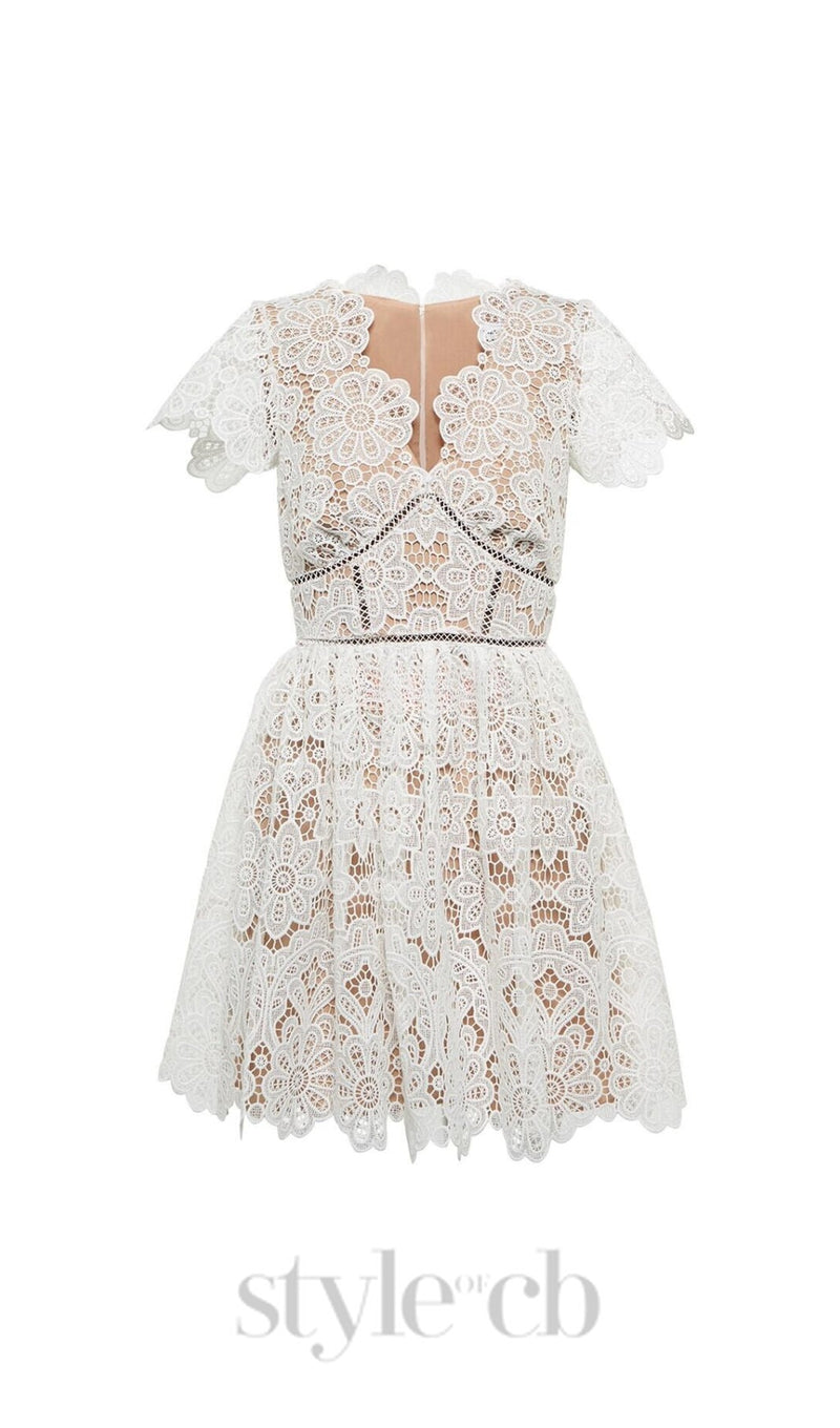 WHITE FLORAL GUIPURE MINI DRESS