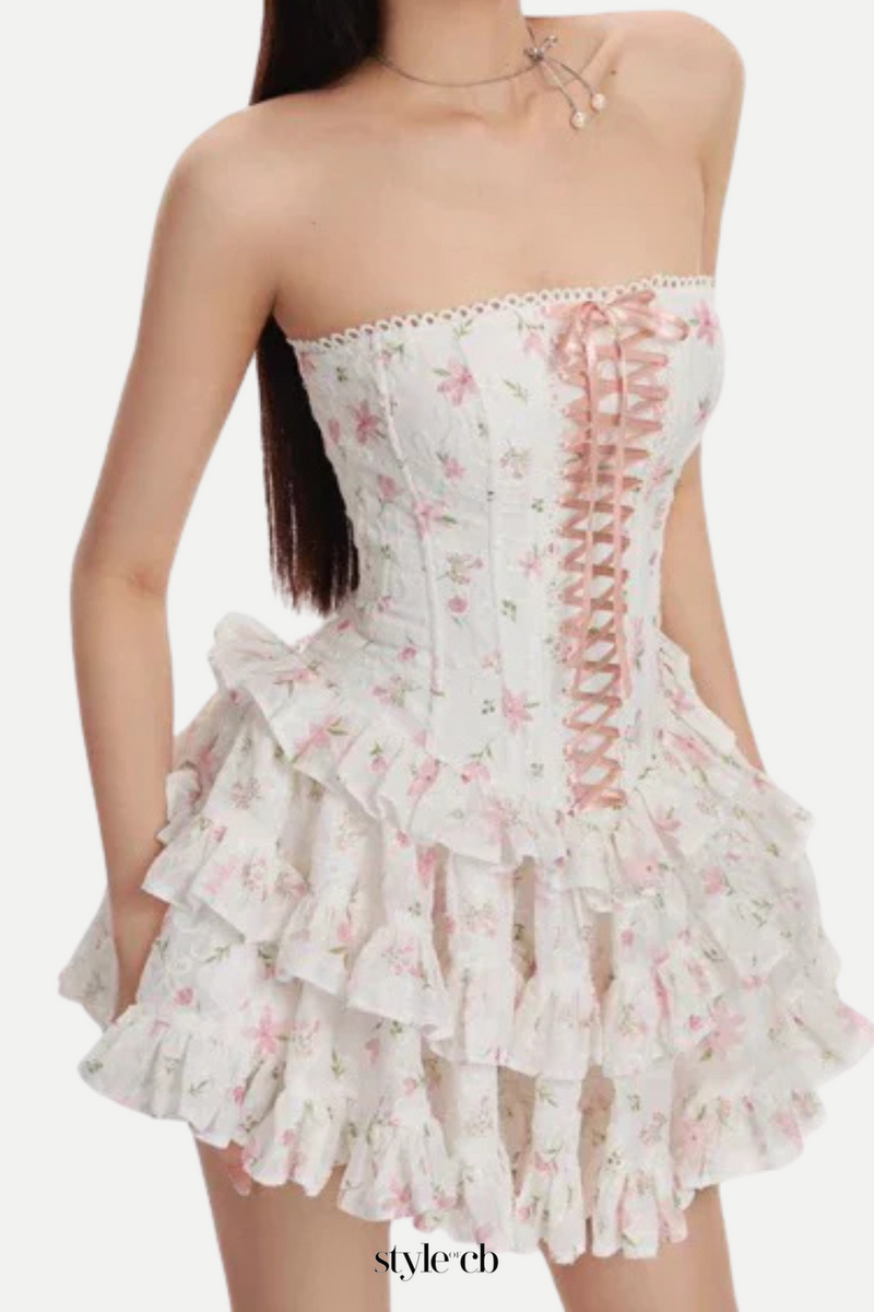 floral print chest-wrapped mini dress in white