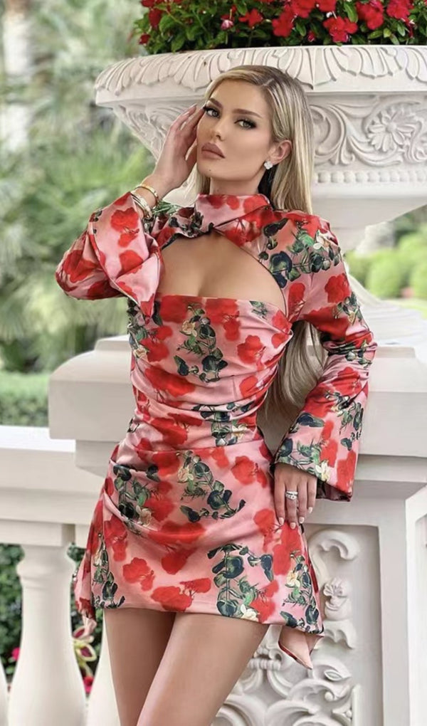 ROSE PRINT CUTOUT DRAPED MINI DRESS
