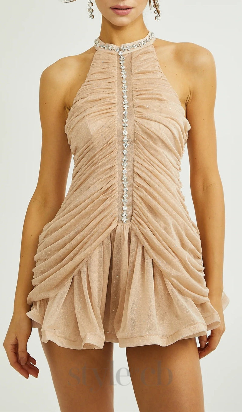CHAMPAGNE AMENAE EMBELLISHED RUCHED MINI DRESS
