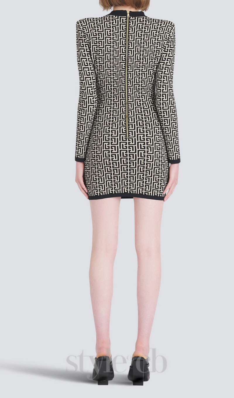 Short bicolor jacquard mini dress with monogram