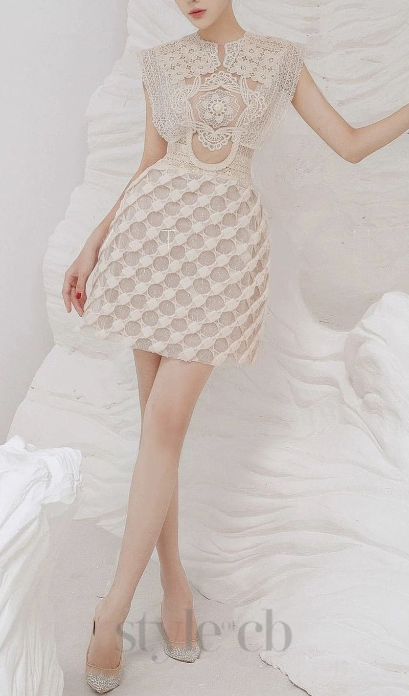 EMBROIDERY CUTOUT MINI DRESS IN APRICOT