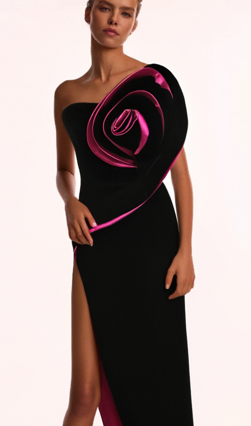 VELVET FLOWER SLIT MAXI DRESS IN BLACK