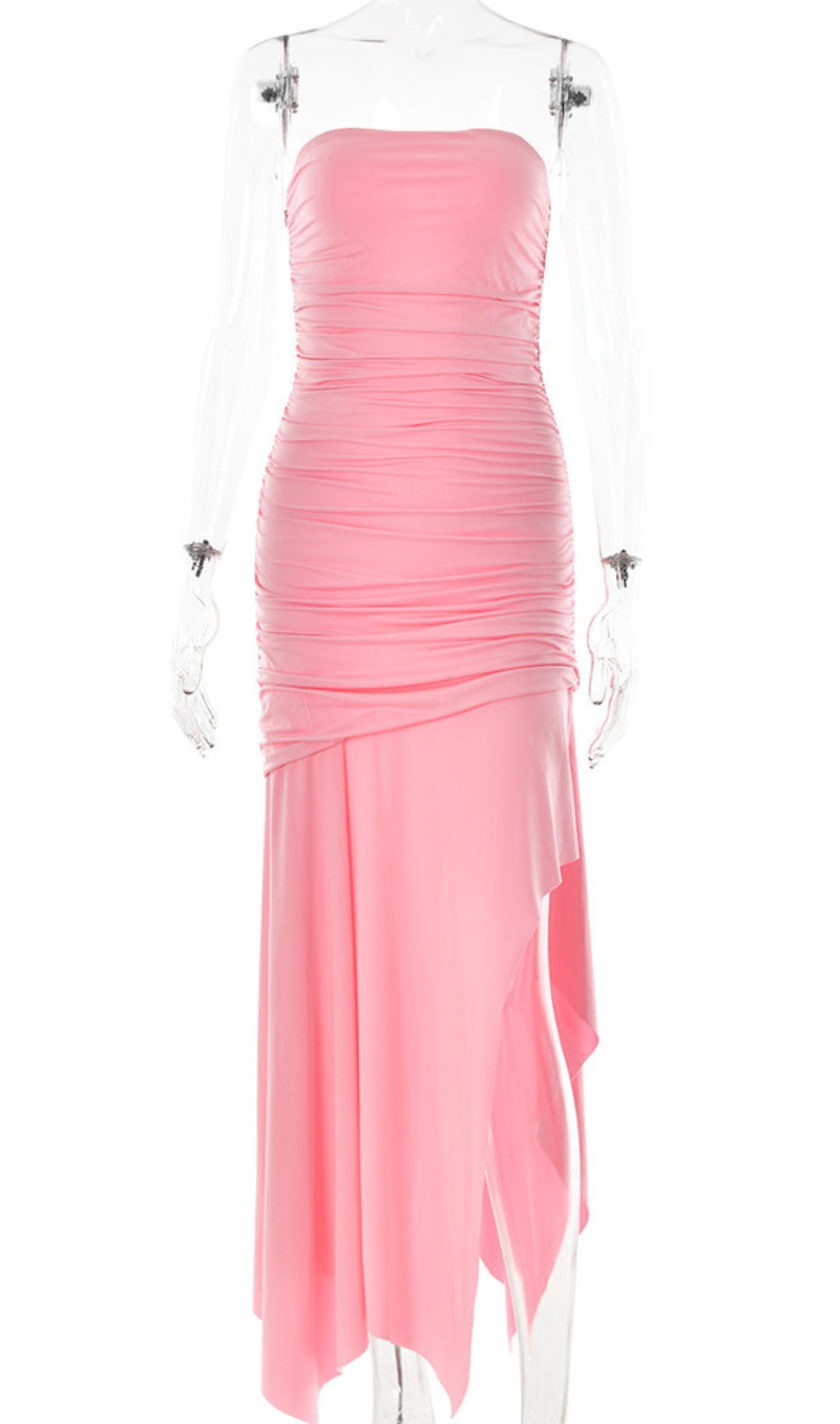 STRAPLESS RUCHED FISHTAIL SLIT DRESS