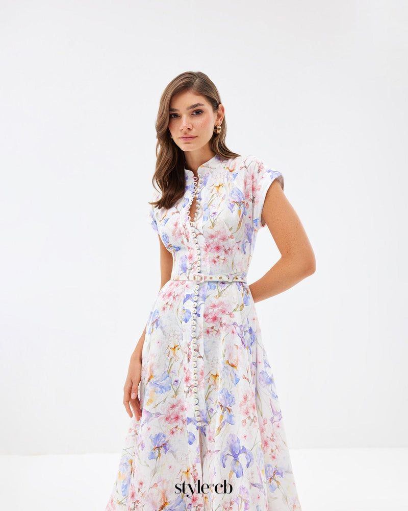multicolor floral print a-line midi dress