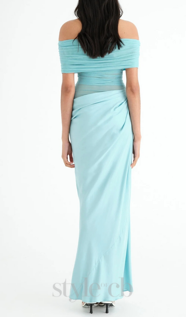 Off Shoulder Ruched Mesh Maxi Dress in Blue