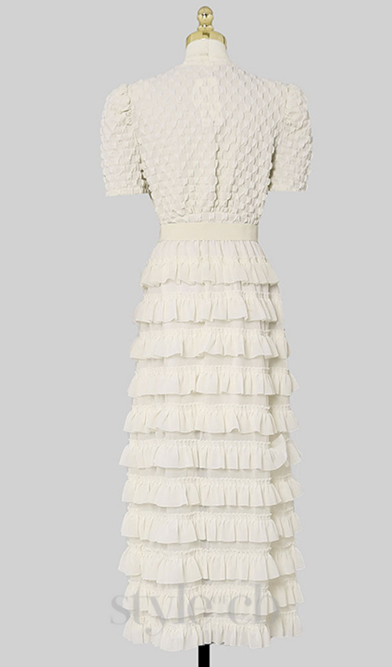 CHARLOTTE APRICOT PUFF SLEEVE RUFFLES CHIFFON MIDI DRESS