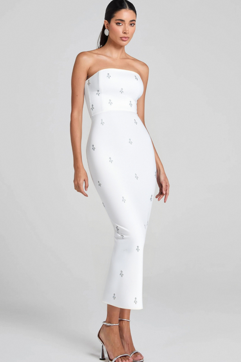LINDA STRAPLESS CRYSTAL EMBELLISHED WHITE BANDAGE DRESS