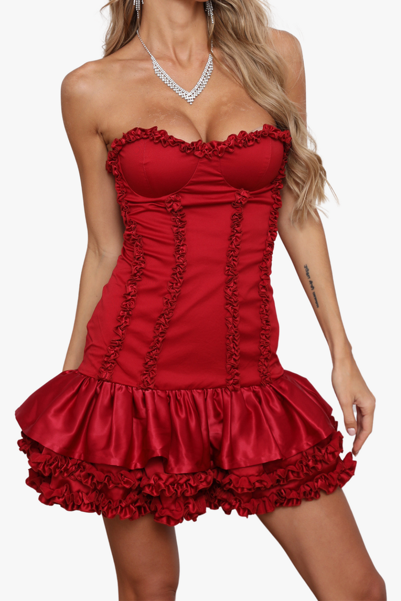 sally ruffle trim strapless mini dress in red