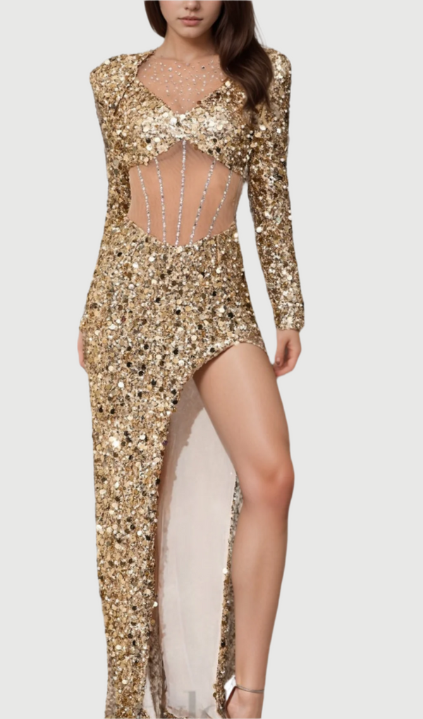sequin long sleeve maxi dress in gold