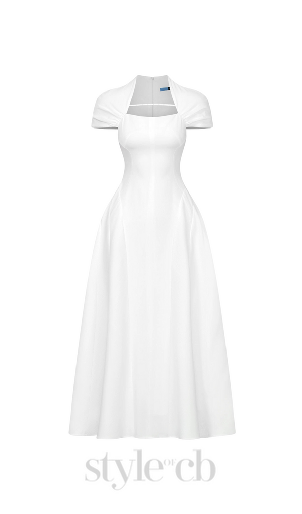 MYRNA SQUARE NECKLINE A-LINE MIDI DRESS IN WHITE