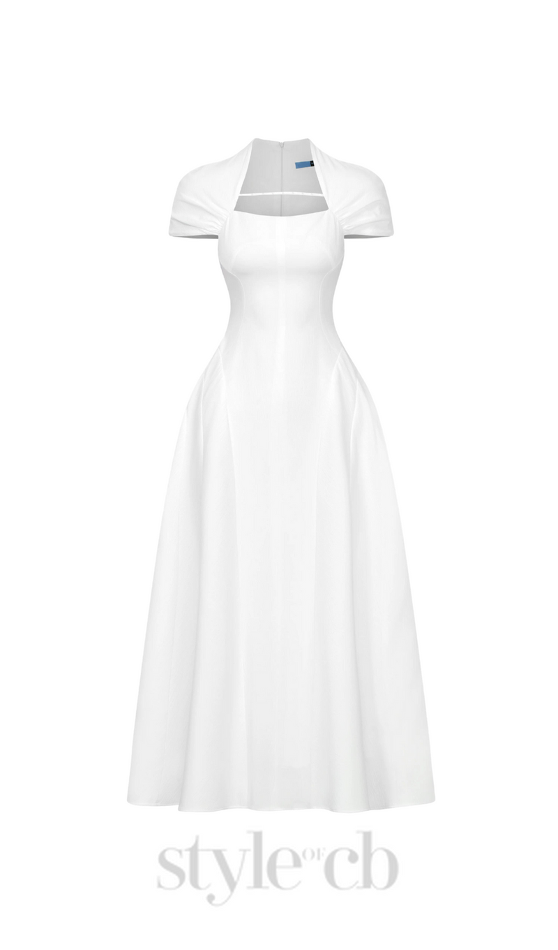 MYRNA SQUARE NECKLINE A-LINE MIDI DRESS IN WHITE