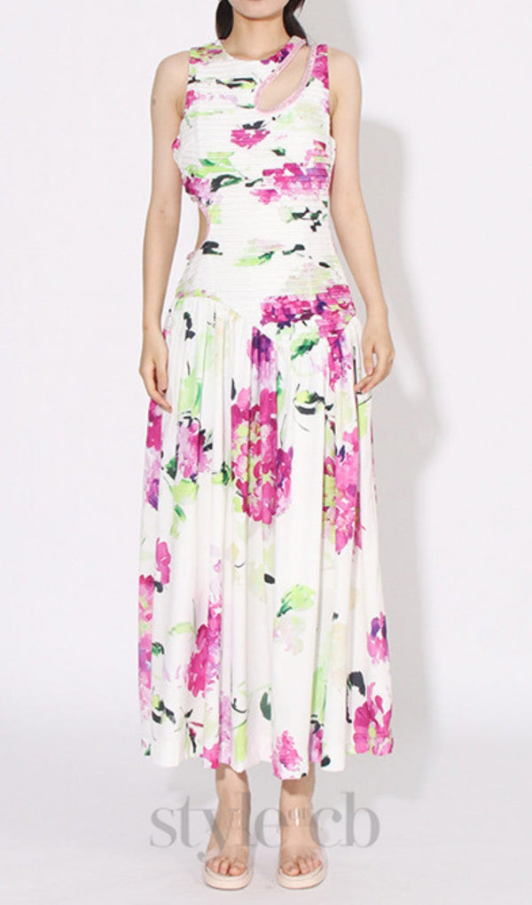 FLORAL CUTOUT MIDI DRESS IN WHITE
