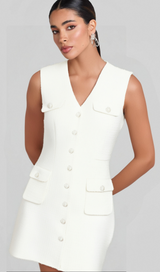 Bouclé pearl-buttons knitted mini dress in white