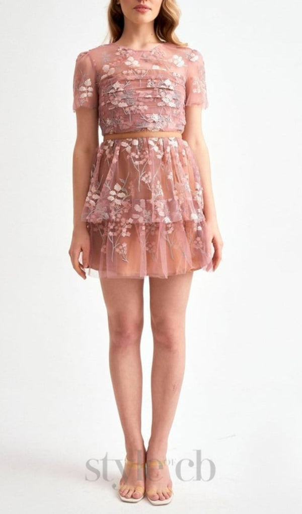 FLOWER MESH TIERED MINI DRESS