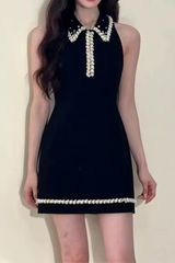 pearl embellished gold chain splice mini dress in black