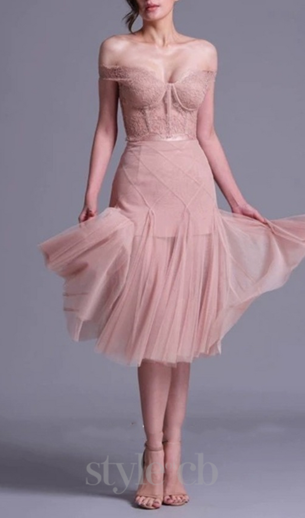 floral dentelle off-shoulder bustier corset net skirt set in pink