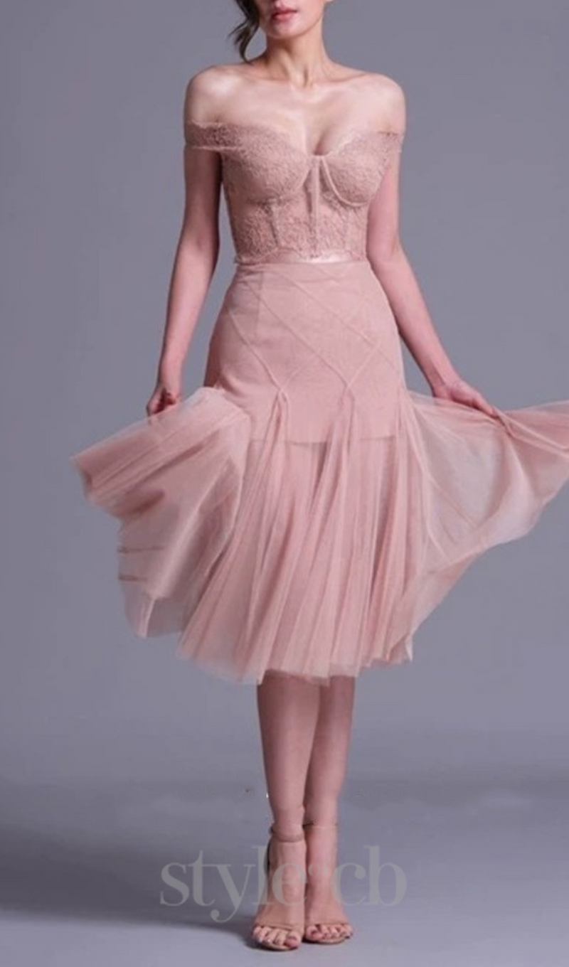 floral dentelle off-shoulder bustier corset net skirt set in pink