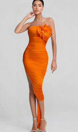 ORANGE OPEN BACK RUCHED FLOWER BODYCON MAXI DRESS