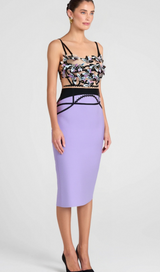 CRYSTAL BEADED APPLIQUE MIDI BANDAGE DRESS