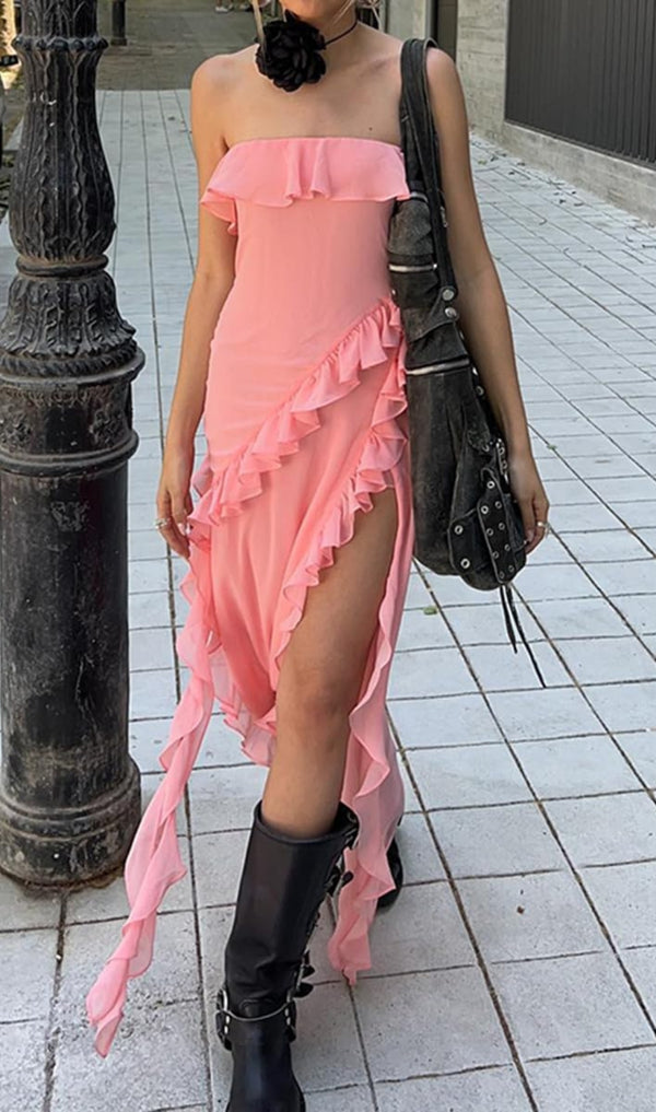 STRAPLESS RUFFLE MAXI DRESS IN PINK