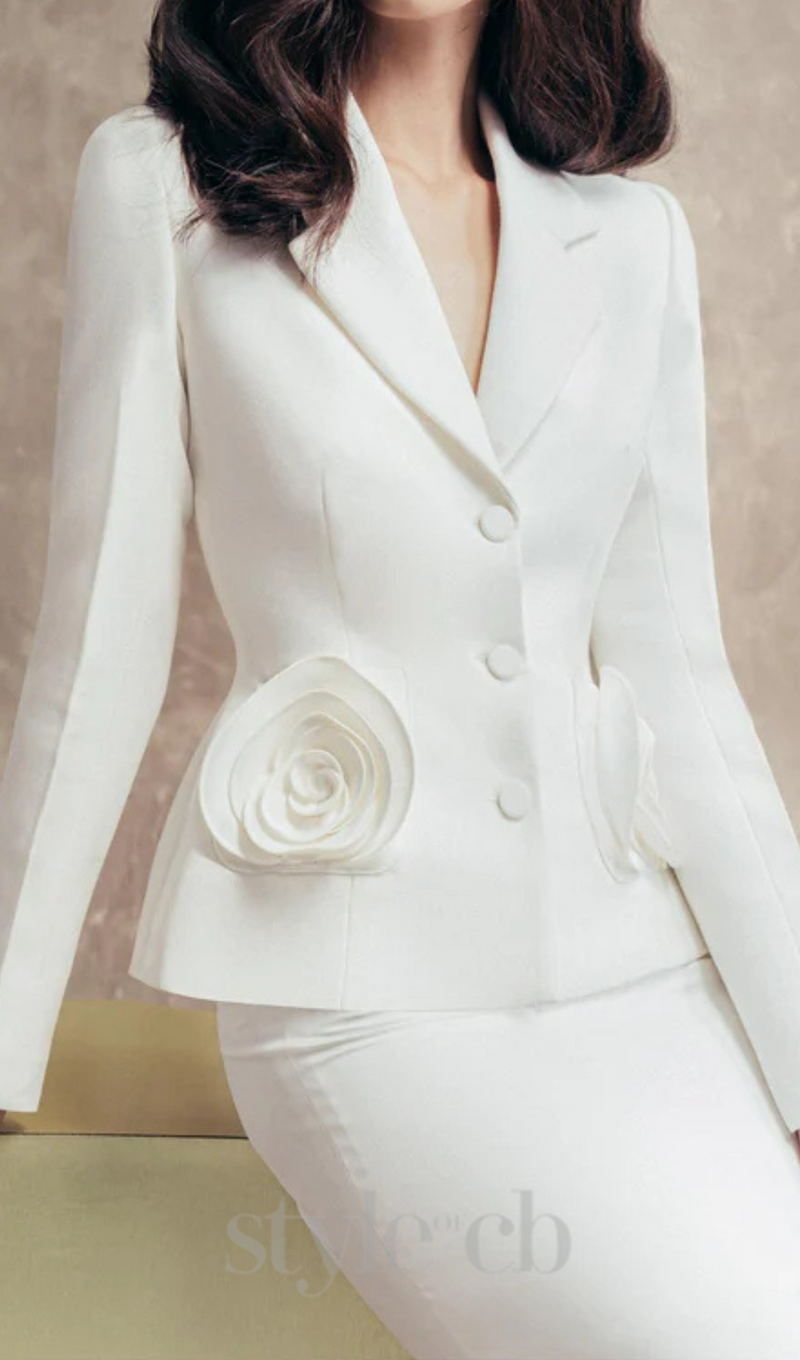 flower embellished jacket skirt set in white