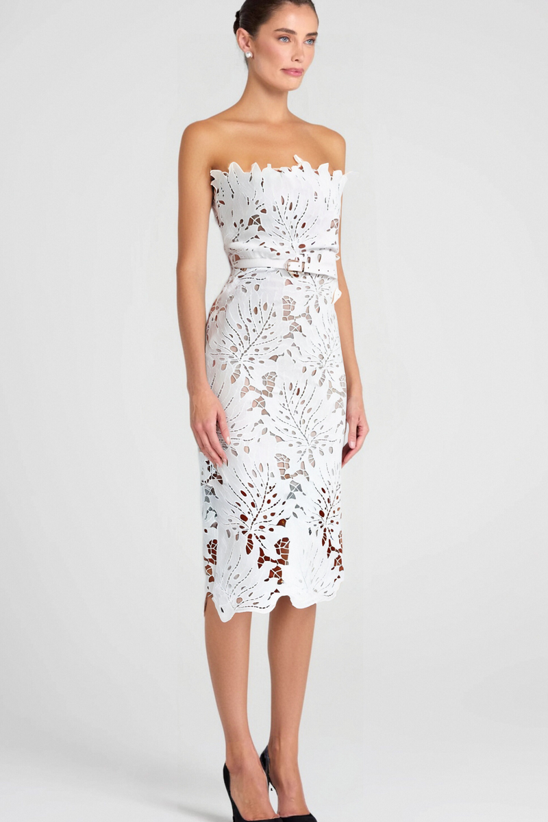 OFF-SHOULDER WHITE FLORAL LACE MIDI DRESS