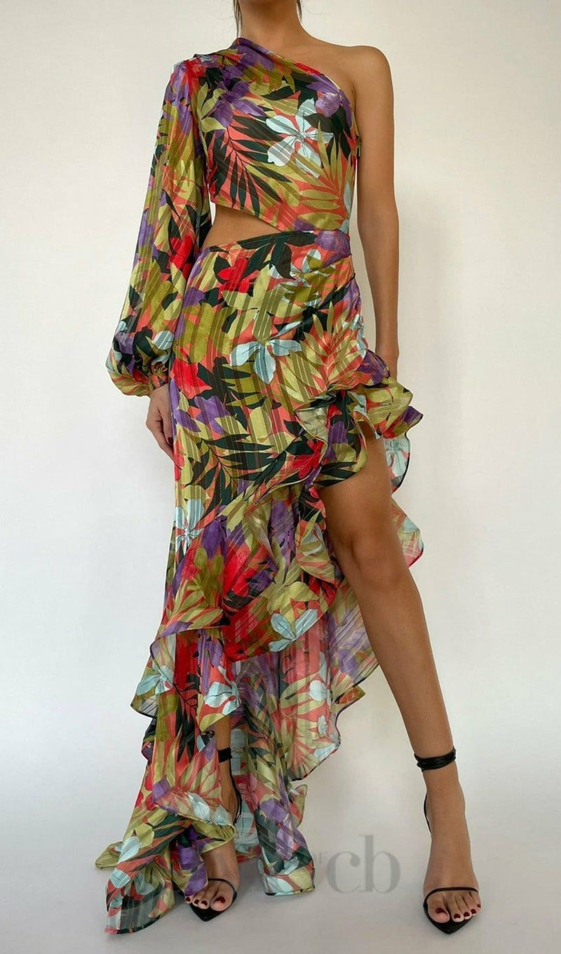 ONE SHOULDER RUFFLR TRIM PRINTED MAXI DRESS