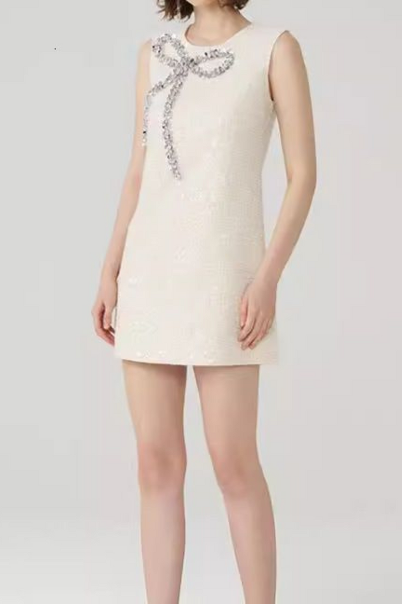 Bow Sequin Tweed Sleeveless mini dress in white
