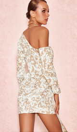 SARAH FLORAL ONE SHOULDER DRAPED MINI DRESS IN APRICOT