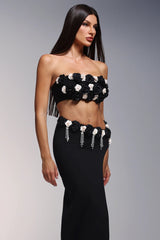 black High Slit Tassels 3d Flowers Strapless Maxi Set