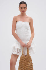 eyelet layered strapless mini dress in white