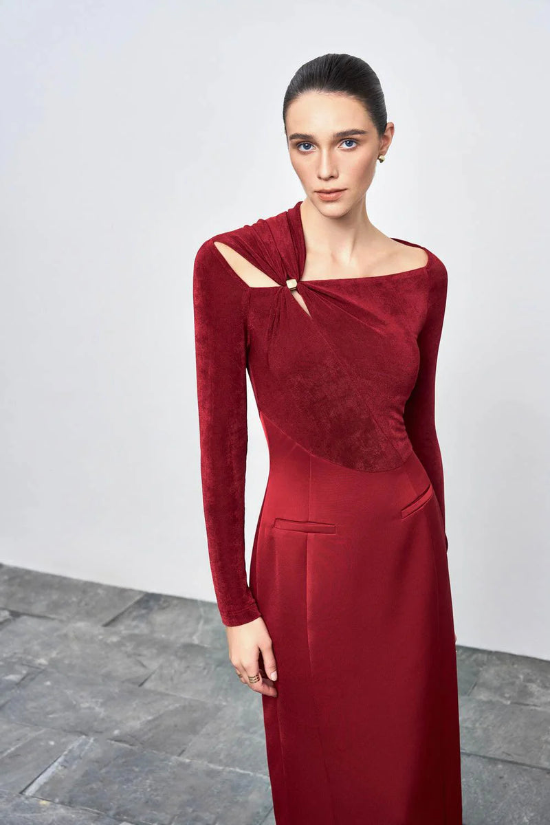 Eleanor Sheath Asymmetric Neck Taffeta Midi Dress in red