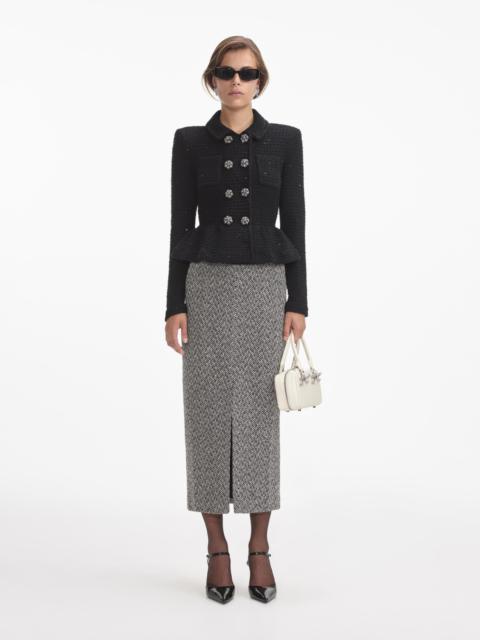 Textured knit jacket skirt suit in black